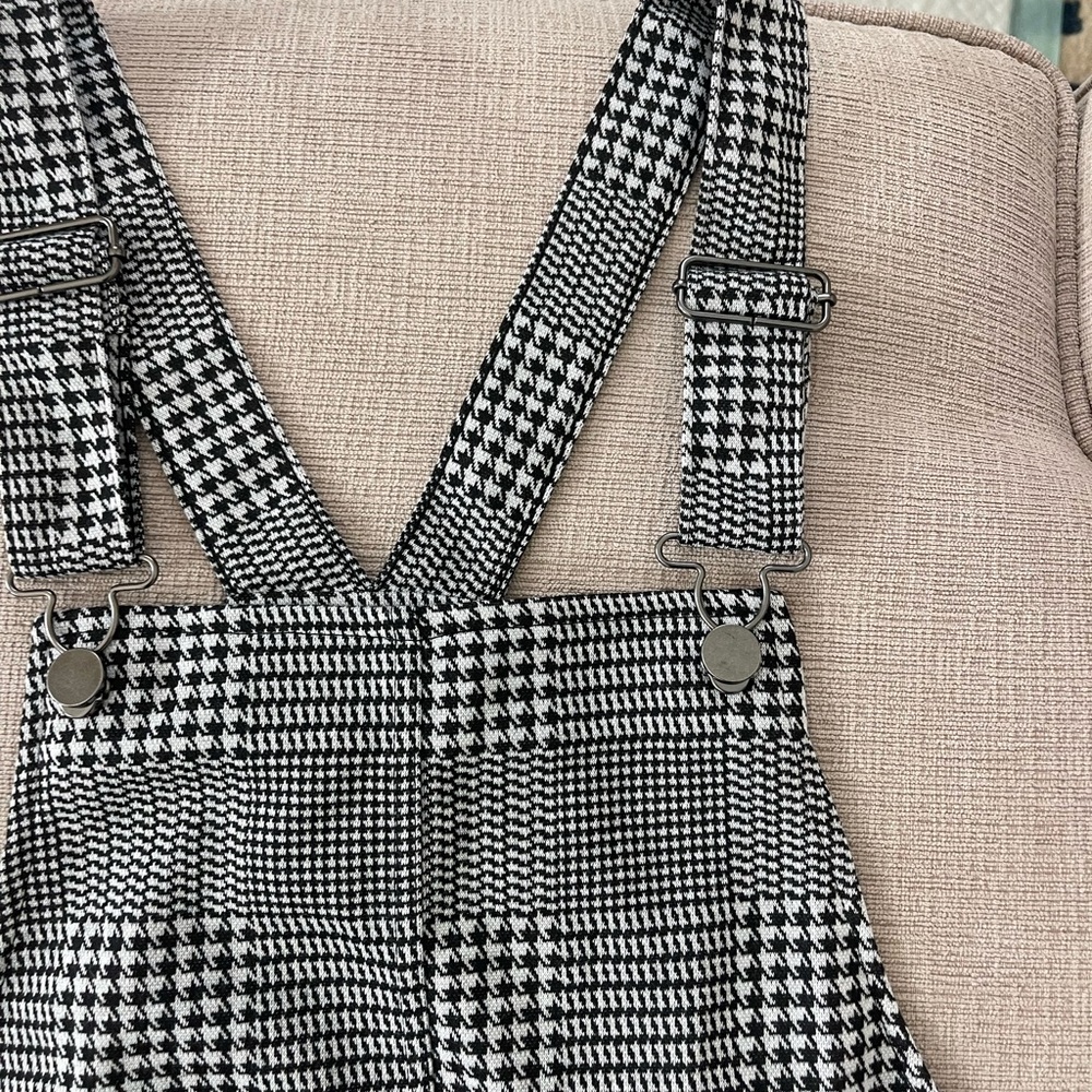Houndstooth Overall Suspender Mini Dress - Black & White